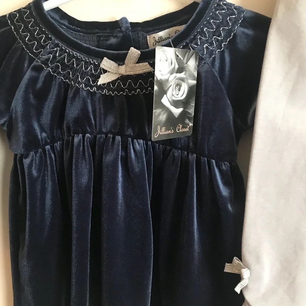 💙 Baby Girl Blue Velvet Silver Bow Dress Set NWT